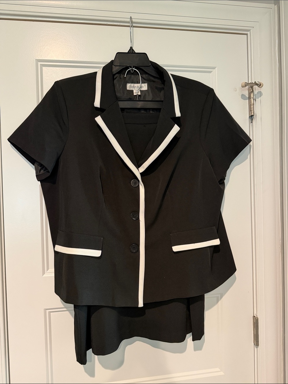 Danillo Skirt Suit with Black Short-Sleeve Blazer with White Trim, Black Skirt